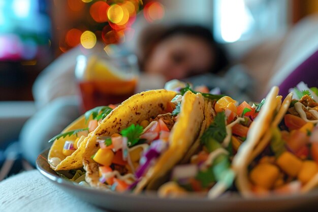 Foto heerlijke traditionele mexicaanse taco's in een gezellig huis klaar voor het diner