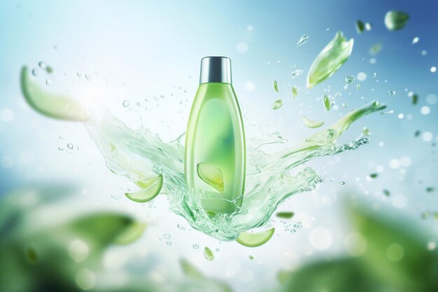 Heerlijke verfrissende shampoo met een reeks druppels op de achtergrond van vliegende objecten