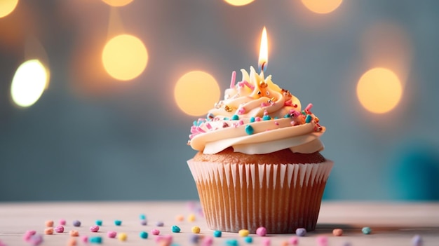 Heerlijke verjaardag cupcake op tafel op een lichte achtergrond