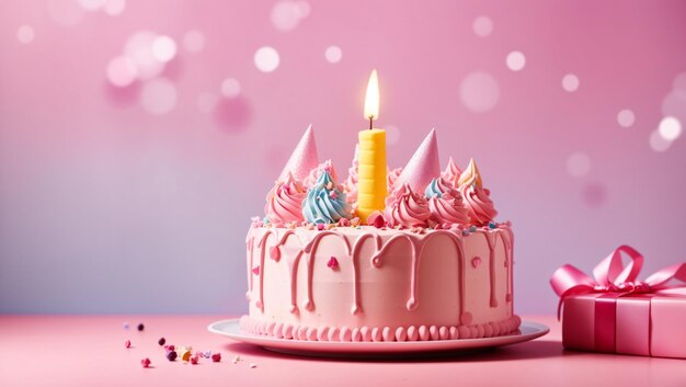 Heerlijke verjaardagstaart met kaars op roze achtergrond Achtergrond met kopieerruimte