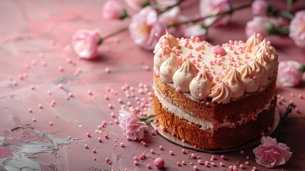 Foto heerlijke verjaardagstaart met roze bloemen op kleur achtergrond close-up