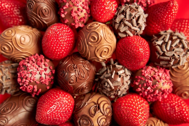 Heerlijke verleidelijke aardbeien in chocoladeclose-up als achtergrond of backdrop