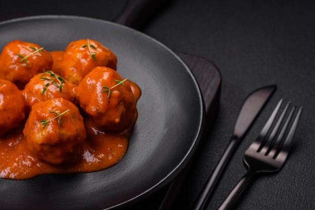 Heerlijke verse gehaktballetjes in tomatensaus met zoute specerijen en kruiden op een donkere betonnen achtergrond