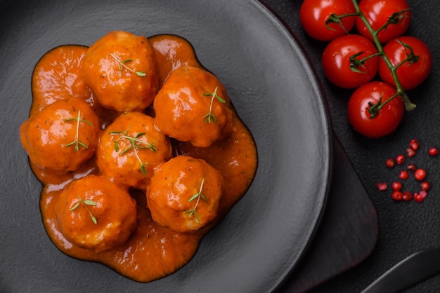 Heerlijke verse gehaktballetjes in tomatensaus met zoute specerijen en kruiden op een donkere betonnen achtergrond