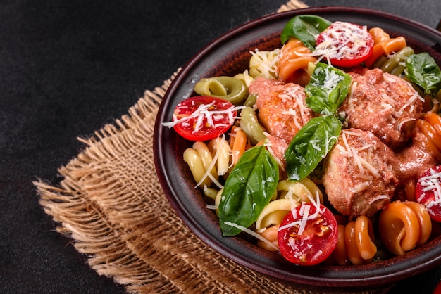 Heerlijke verse pasta met gehaktballetjes, saus, kerstomaatjes en basilicum