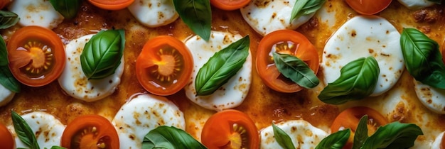 Heerlijke verse pizza met gesmolten kaas, tomaten en basilicum.