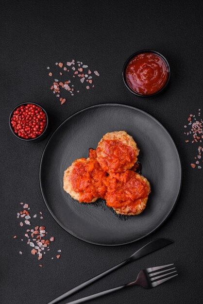 Heerlijke verse schnitzels of gehaktballetjes met kruidenkruiden en tomatensaus