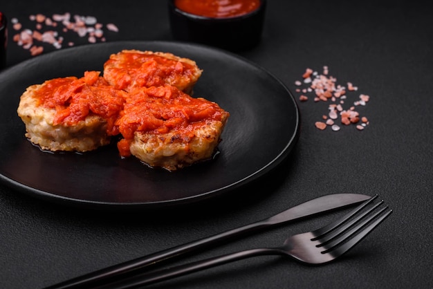 Heerlijke verse schnitzels of gehaktballetjes met kruidenkruiden en tomatensaus