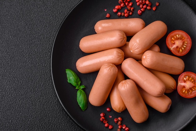 Heerlijke verse vegetarische worst of worst gemaakt van plantaardig eiwit tofu of seitan peulvruchten magere tarwe met zout en kruiden op textuurachtergrond