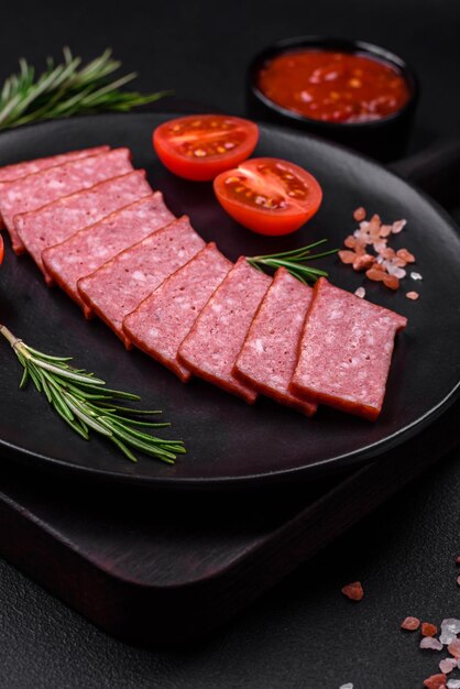 Heerlijke verse worstsalami met zoute tomaten en kruiden