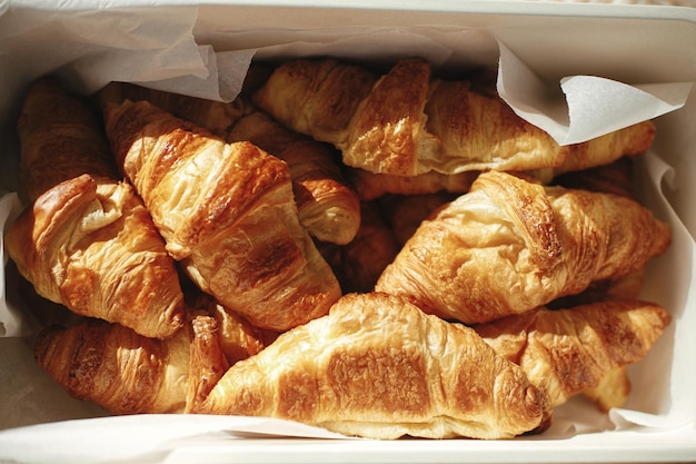 Heerlijke versgebakken croissants op perkament in mandje in warme zonneschijn op authentieke picknick