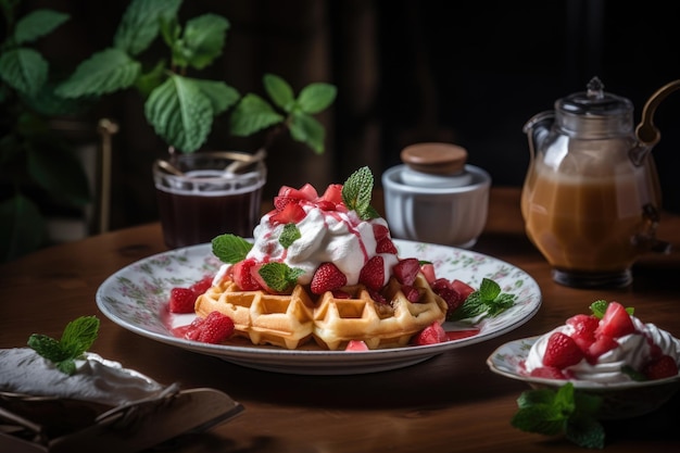 Heerlijke wafel met jam en slagroom generatieve IA