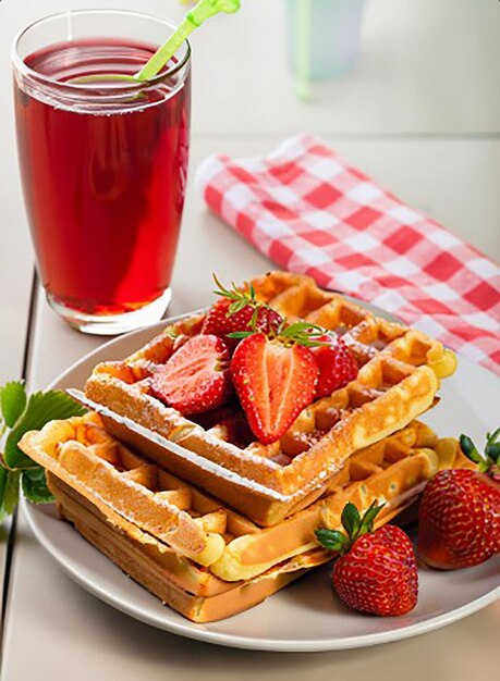 Heerlijke wafels met aardbeien en sap