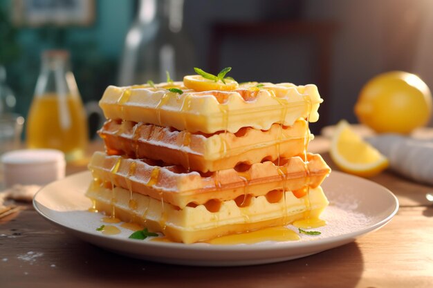 Heerlijke waffels met honing op een houten tafel Zoet ontbijt gegenereerd door AI