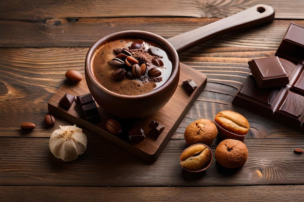 Heerlijke warme chocolademelk koffie op houten tafel