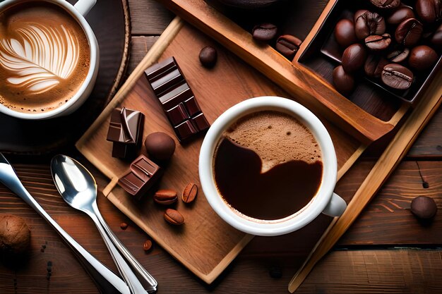 Foto heerlijke warme chocolademelk koffie op houten tafel