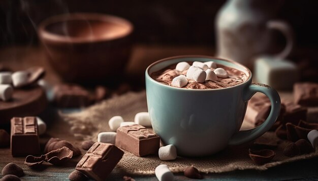 Heerlijke warme chocolademelk met marshmallows op rustieke houten tafel gegenereerd door AI