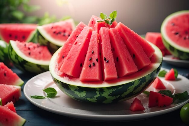 Foto heerlijke watermeloen in mooie plakjes gesneden.