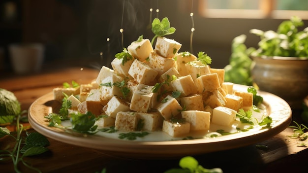 Foto heerlijke witte tofu op een bord met een wazige achtergrond