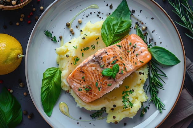 Heerlijke zalm met aardappelpuree en groenten op het bord.