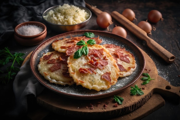 Heerlijke zelfgemaakte aardappelpannenkoekjes met gebakken geraspte aardappelen en spekjes