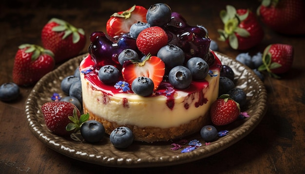 Heerlijke zelfgemaakte bessen cheesecake op rustiek hout gegenereerd door AI