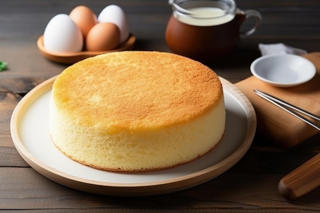 Heerlijke zelfgemaakte biscuit- of chiffoncake met eiermeel en melk, geserveerd op een witte plaat te midden van een