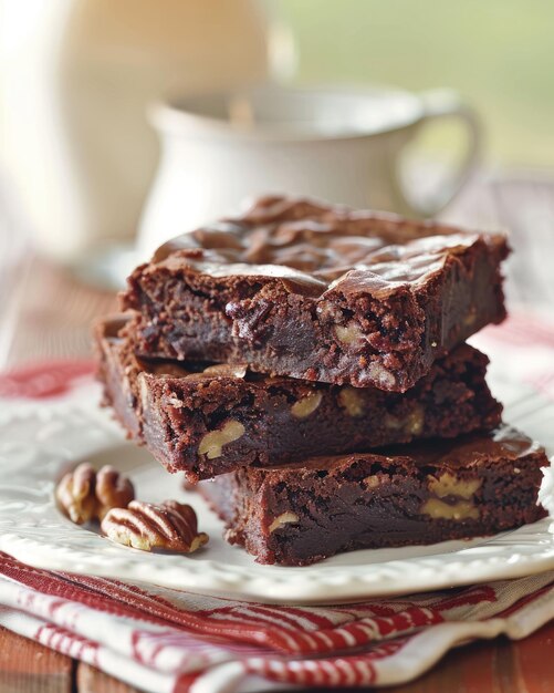 Heerlijke zelfgemaakte brownies met een fudgy textuur en knapperige walnoten op een bord als een verleidelijke dessertoptie