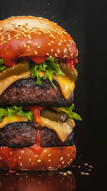 Heerlijke zelfgemaakte burger gevangen in boeiende donkere achtergrond banner Vertical Mobile Wallpaper