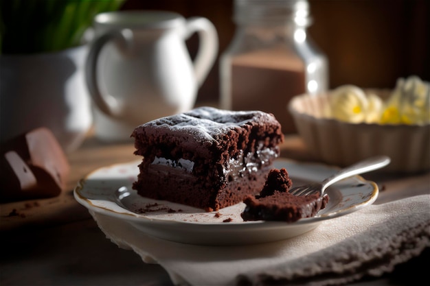 Heerlijke zelfgemaakte chocolade brownie in witte keramische plaat op rustieke houten tafel AI gegenereerde selectieve focus