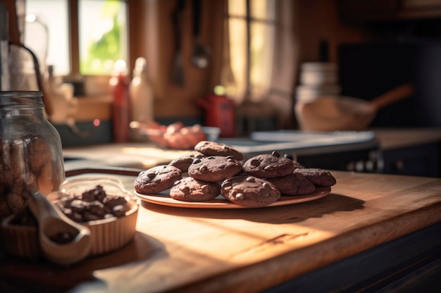 Heerlijke zelfgemaakte chocoladekoekjes op rustieke houten tafel AI gegenereerd