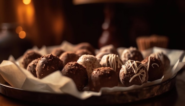 Heerlijke zelfgemaakte chocoladetruffelbal met cacao gegenereerd door AI