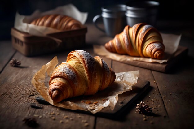 Heerlijke zelfgemaakte croissants op rustieke houten keukentafel AI gegenereerd