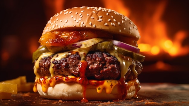 Heerlijke zelfgemaakte hamburger met chili en BBQ-grillbrandvoedseladvertentiebanner in 3d illustratie