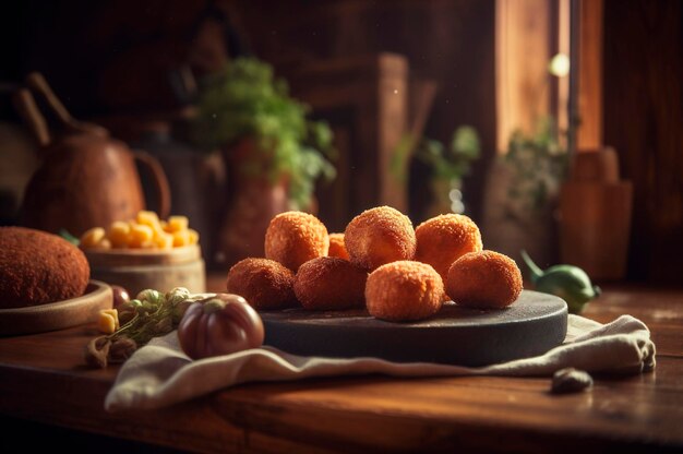 Heerlijke zelfgemaakte kroketten op houten tafel in rustieke keuken achtergrond AI gegenereerd