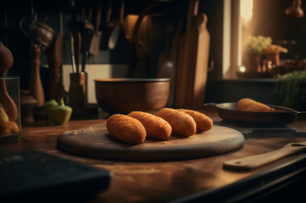 Heerlijke zelfgemaakte kroketten op houten tafel in rustieke keuken achtergrond AI gegenereerd