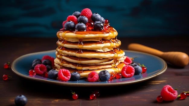 heerlijke zelfgemaakte pannenkoek met verse bosbessen, frambozen, mooi eten platting concept