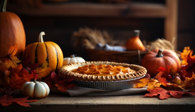 Heerlijke zelfgemaakte pompoentaart met herfstspecerijen op een charmante rustieke houten achtergrond