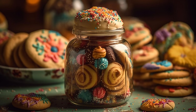 Heerlijke zelfgemaakte zandkoekkoekjes met gastronomische chocolade en snoepdecoratie gegenereerd door AI