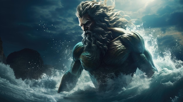 Heerser van golven ter illustratie van Poseidon aan de rand van de rusteloze oceaan