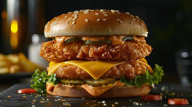 A hefty double cheddar cheeseburger featuring a chicken cutlet