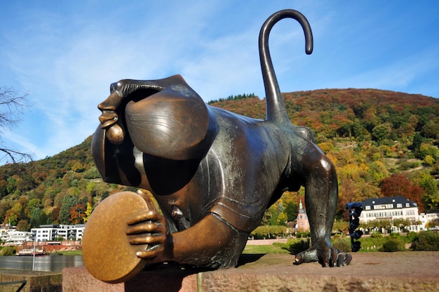 Heidelberg Bridge Monkey bronze statue on Karl Theodor Bridge or Old Bridge of Heidelberg cross over Neckar River for people visit at Heidelberg city on November 1 2016 in Baden Wurttemberg Germany