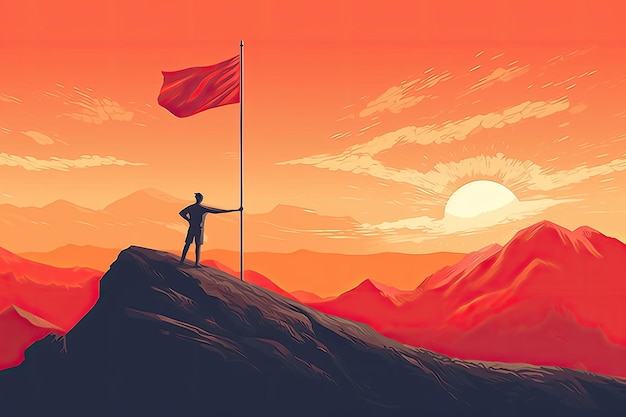 Sun39s 광휘에 의해 조명 산에 깃발을 올리는 남자의 높이 눈에 띄는 그림