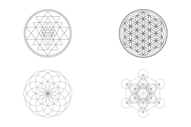 Heilige geometrie concept wit behang met symbolen van sri yantra, levensbloem, torus en metatron