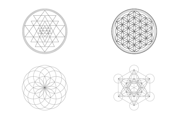 Heilige geometrie concept wit behang met symbolen van sri yantra, levensbloem, torus en metatron