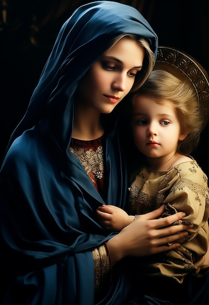 Heilige moeder heilige Maria die het kindje Jezus in een beroemde positie vasthoudt