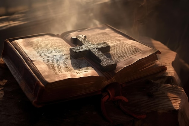 Heilige religieuze oude boekbijbel en kruis op houten tafel Generatieve AI