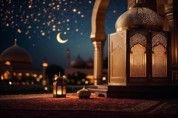 Heilige Serenity Moonlit Moskee in Ramadans gloeien een rustige toevluchtsoord onder de hemelse nacht