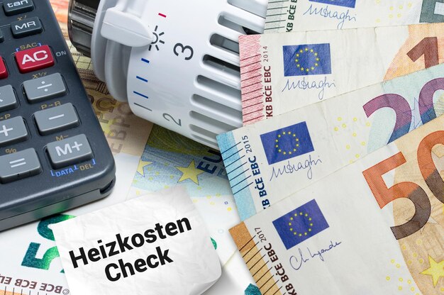 Heizkosten Check mit Heizthermostat und Taschenrechner auf Euro Banknoten