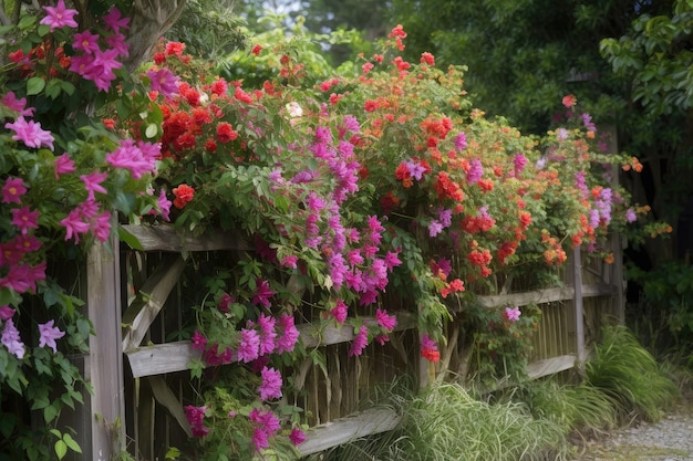 Hek bedekt met klimplanten en bloeiende bloemen